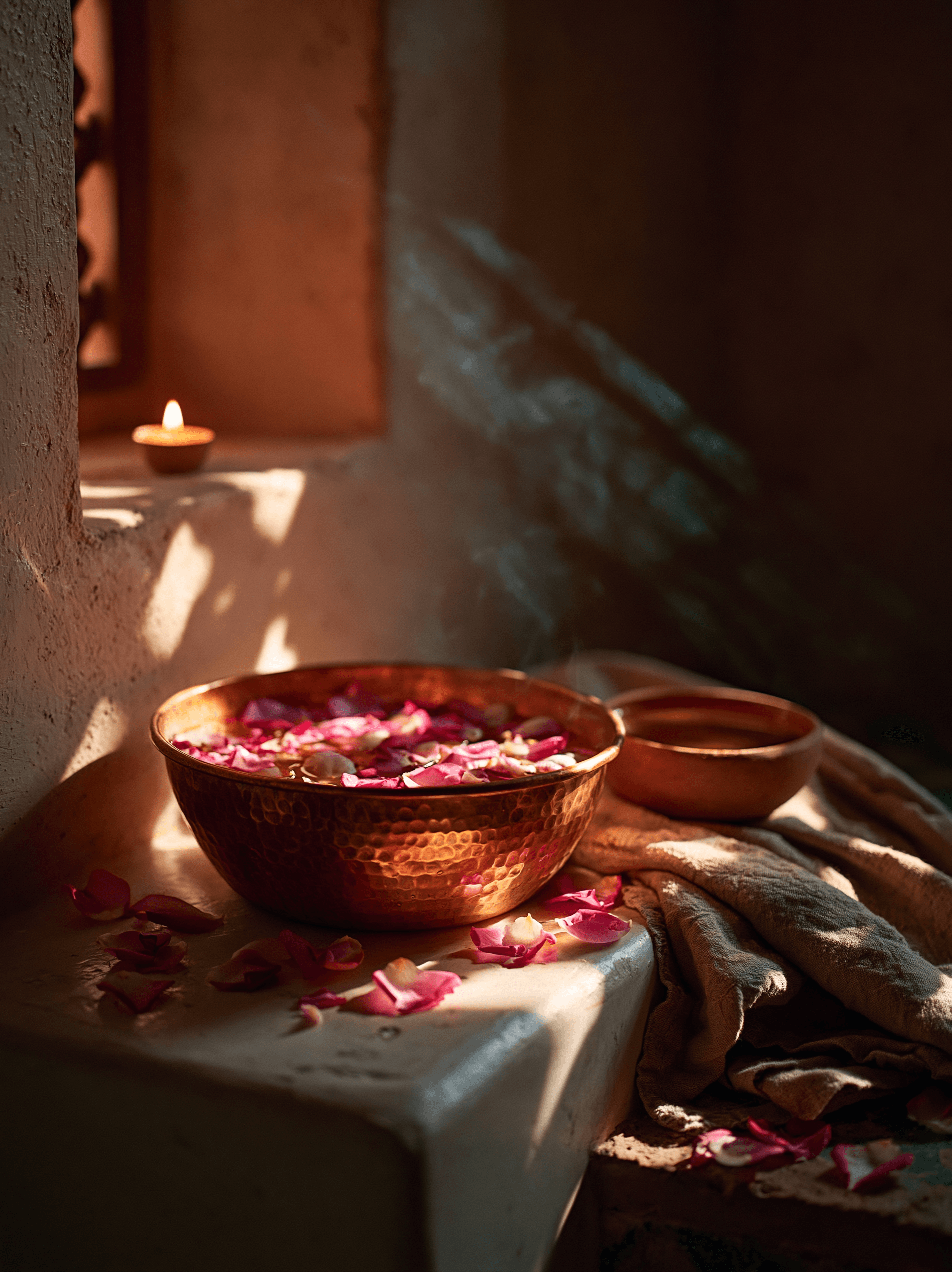 Hammered copper bowl with rose petals in warm Moroccan light, spa treatment ritual