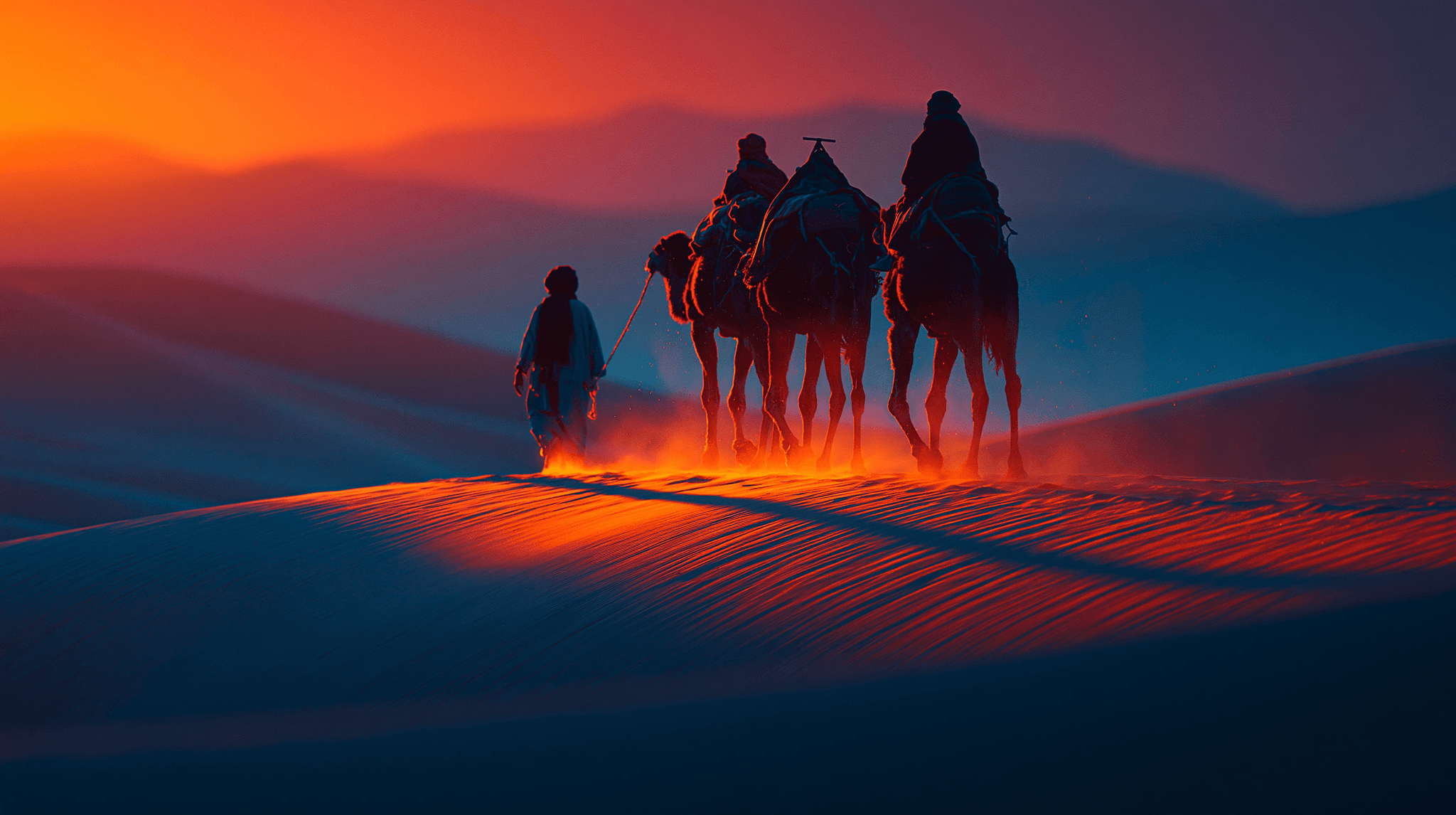 Camel caravan in the Sahara at sunset