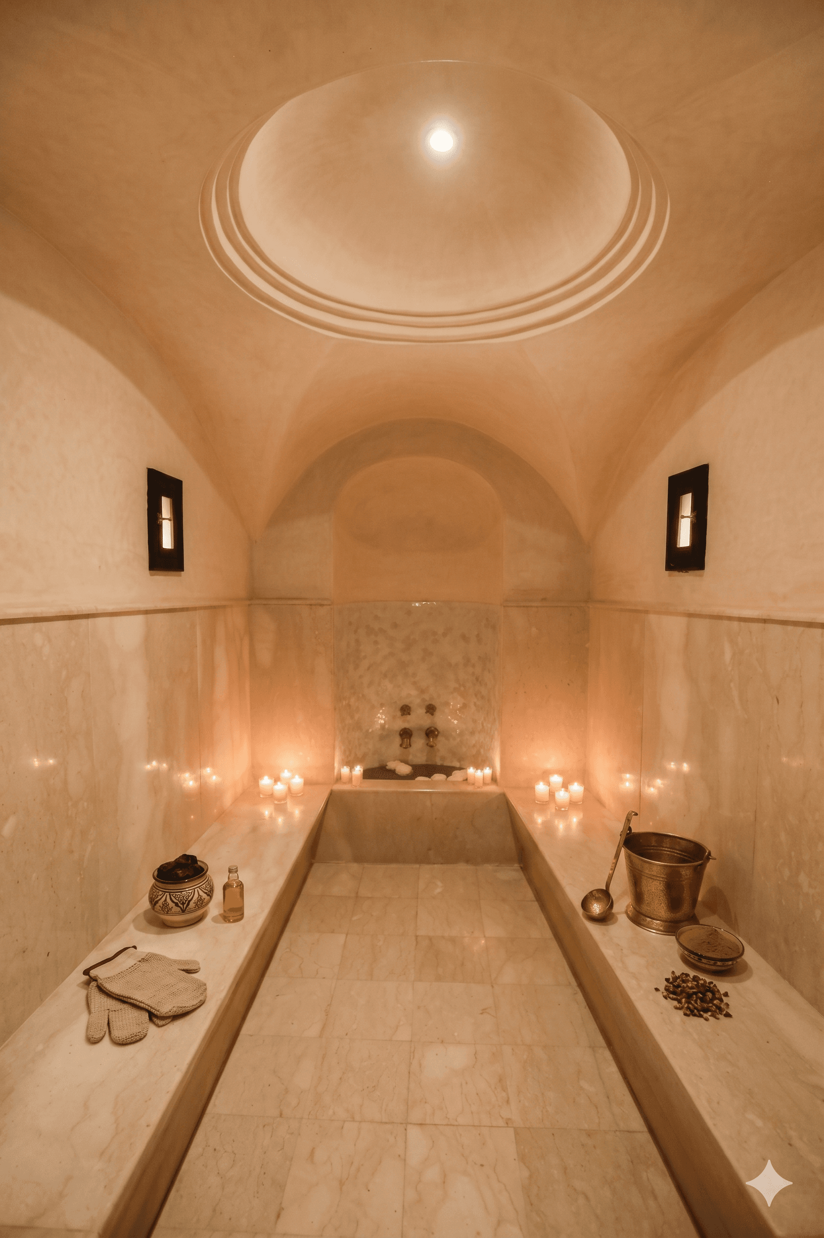 Traditional hammam bath with marble benches and domed ceiling