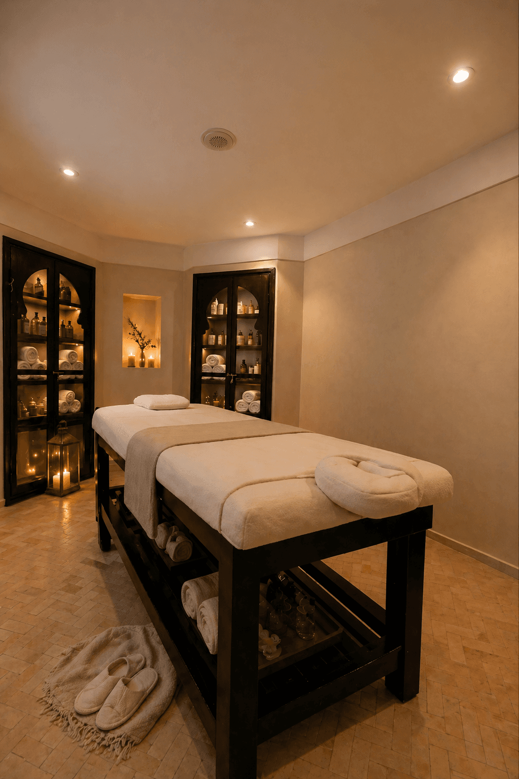 Massage room with twin treatment beds and warm spa lighting