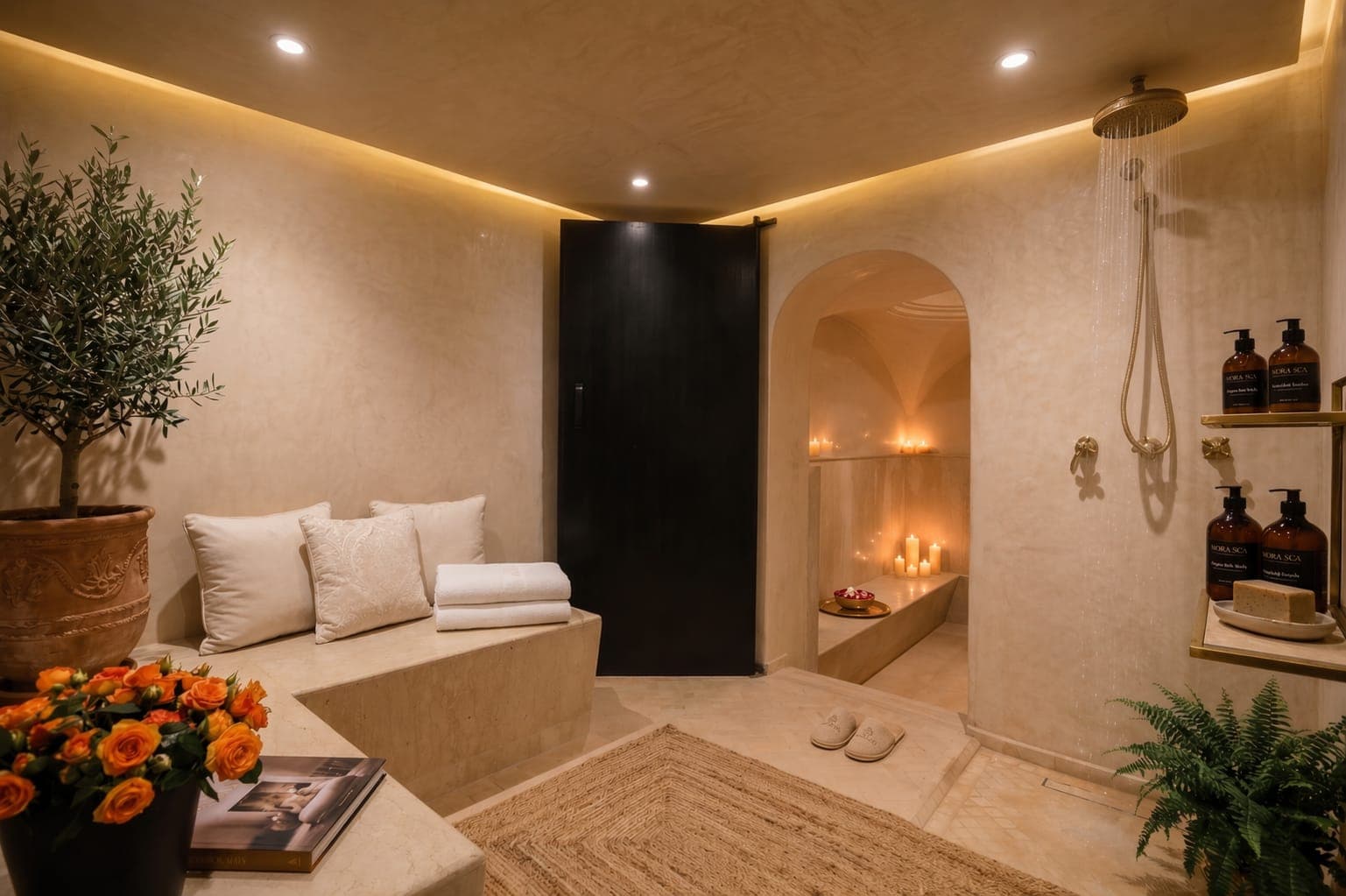 Candlelit archway entrance to the traditional hammam at Riad Sa'eed